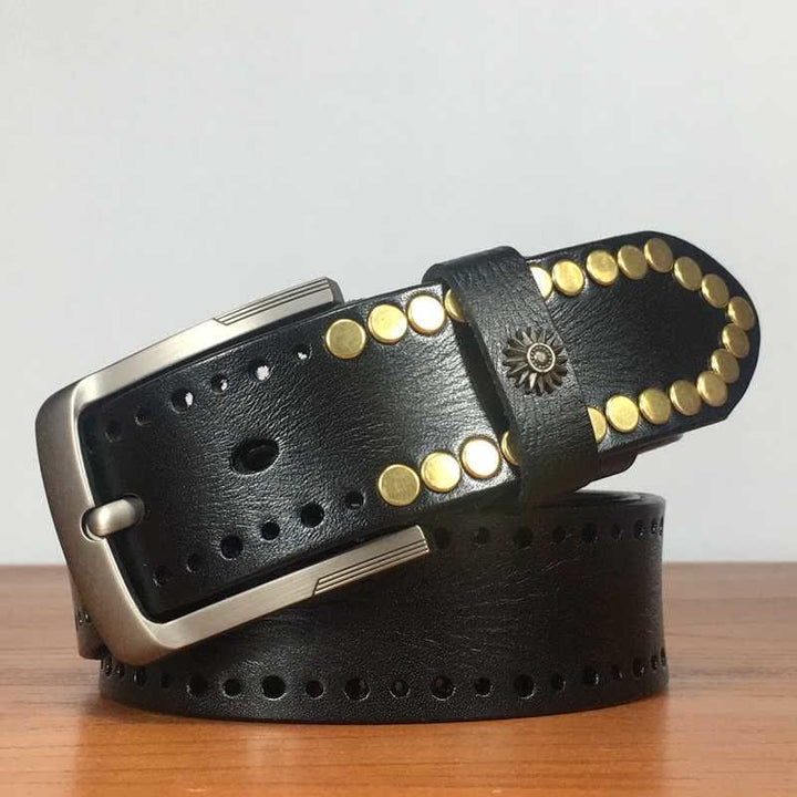 Cintura in pelle con borchie e rivetti circolari in bronzo retrò vintage - Nero - 42 - image 8