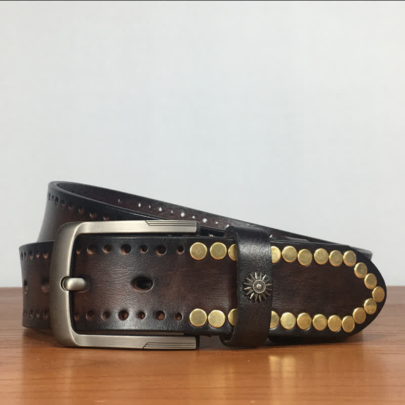 Cintura in pelle con borchie e rivetti circolari in bronzo retrò vintage - image 4