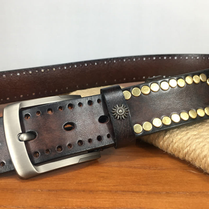 Cintura in pelle con borchie e rivetti circolari in bronzo retrò vintage - image 6