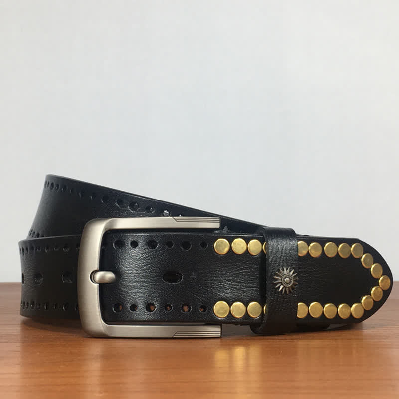 Cintura in pelle con borchie e rivetti circolari in bronzo retrò vintage