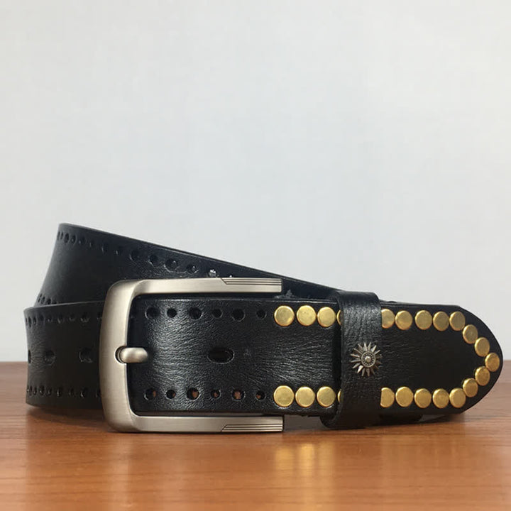 Cintura in pelle con borchie e rivetti circolari in bronzo retrò vintage