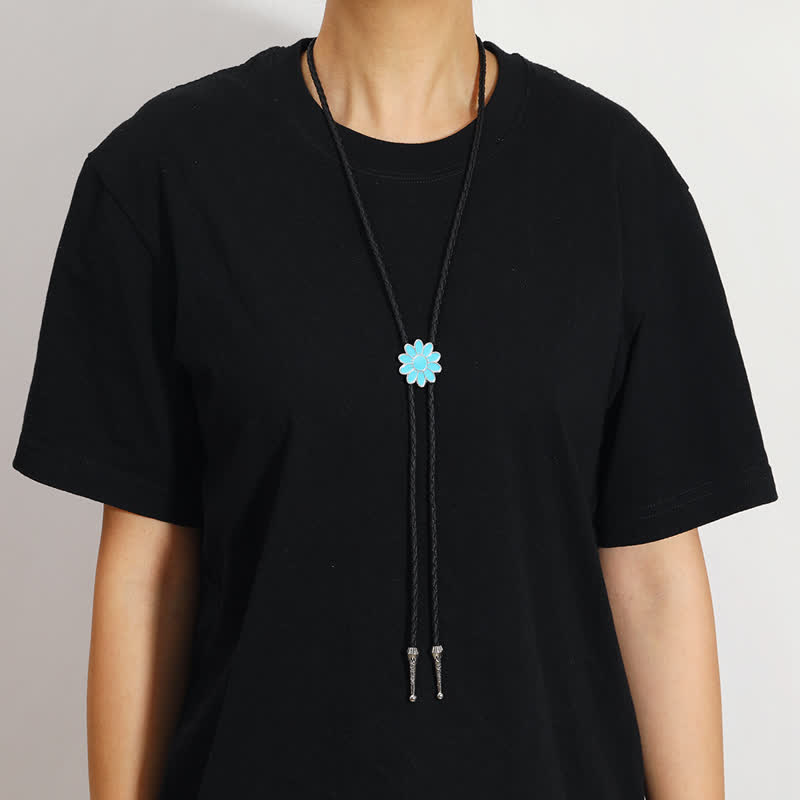 Cravatta Bolo Triangolo con Fiori Ovali Smaltati Blu