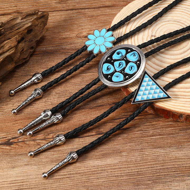 Cravatta Bolo Triangolo con Fiori Ovali Smaltati Blu