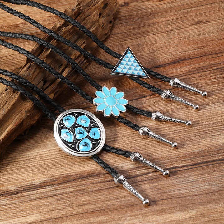 Cravatta Bolo Triangolo con Fiori Ovali Smaltati Blu