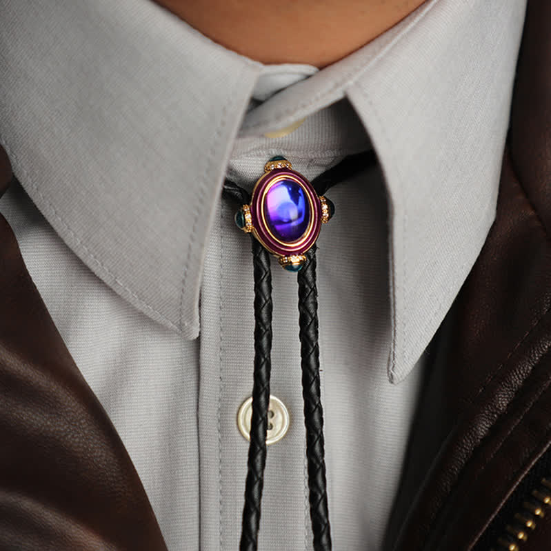 Piccola cravatta Bolo vintage con pietra preziosa blu e viola - Pelle PU - image 0