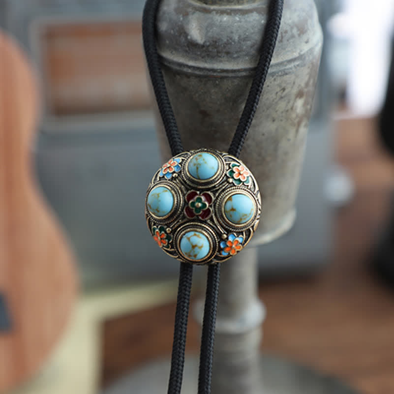 Cravatta Bolo con fiore in smalto turchese blu antico