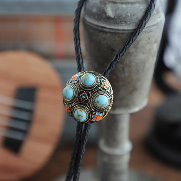Cravatta Bolo con fiore in smalto turchese blu antico - Pelle PU - image 1