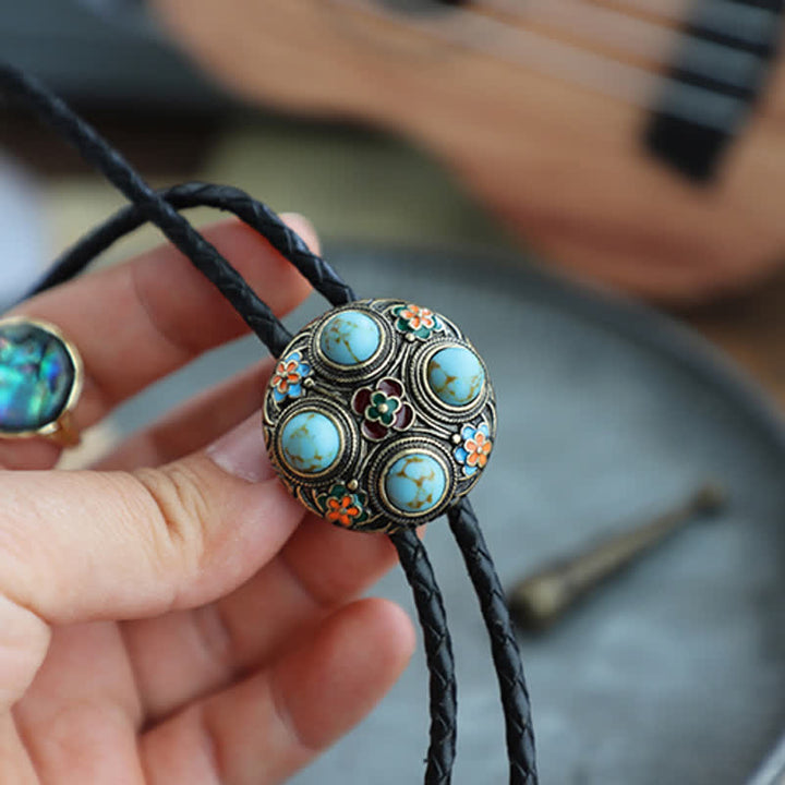 Cravatta Bolo con fiore in smalto turchese blu antico
