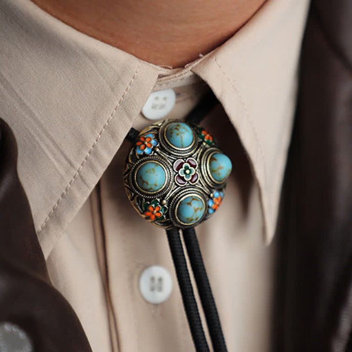 Cravatta Bolo con fiore in smalto turchese blu antico