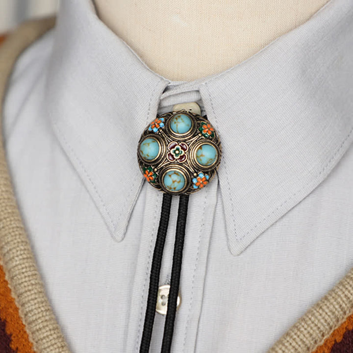 Cravatta Bolo con fiore in smalto turchese blu antico