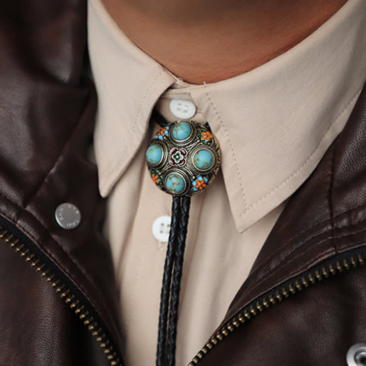 Cravatta Bolo con fiore in smalto turchese blu antico