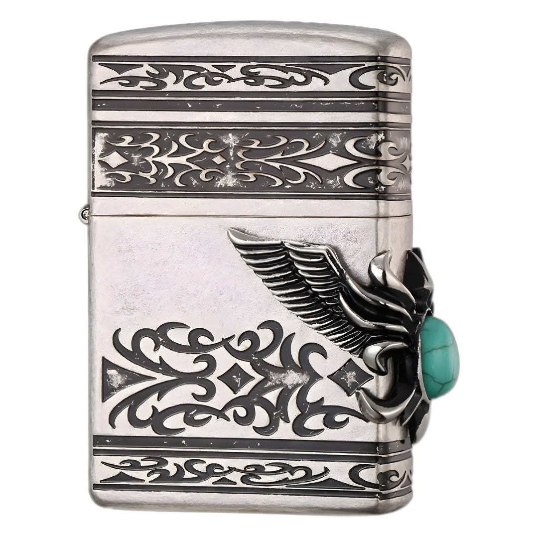 Accendino a cherosene ricaricabile con intarsi in turchese Eagle Wings