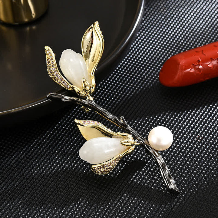 Spilla con perla imitazione di lusso Magnolia da donna - Oro e Argento - image 0