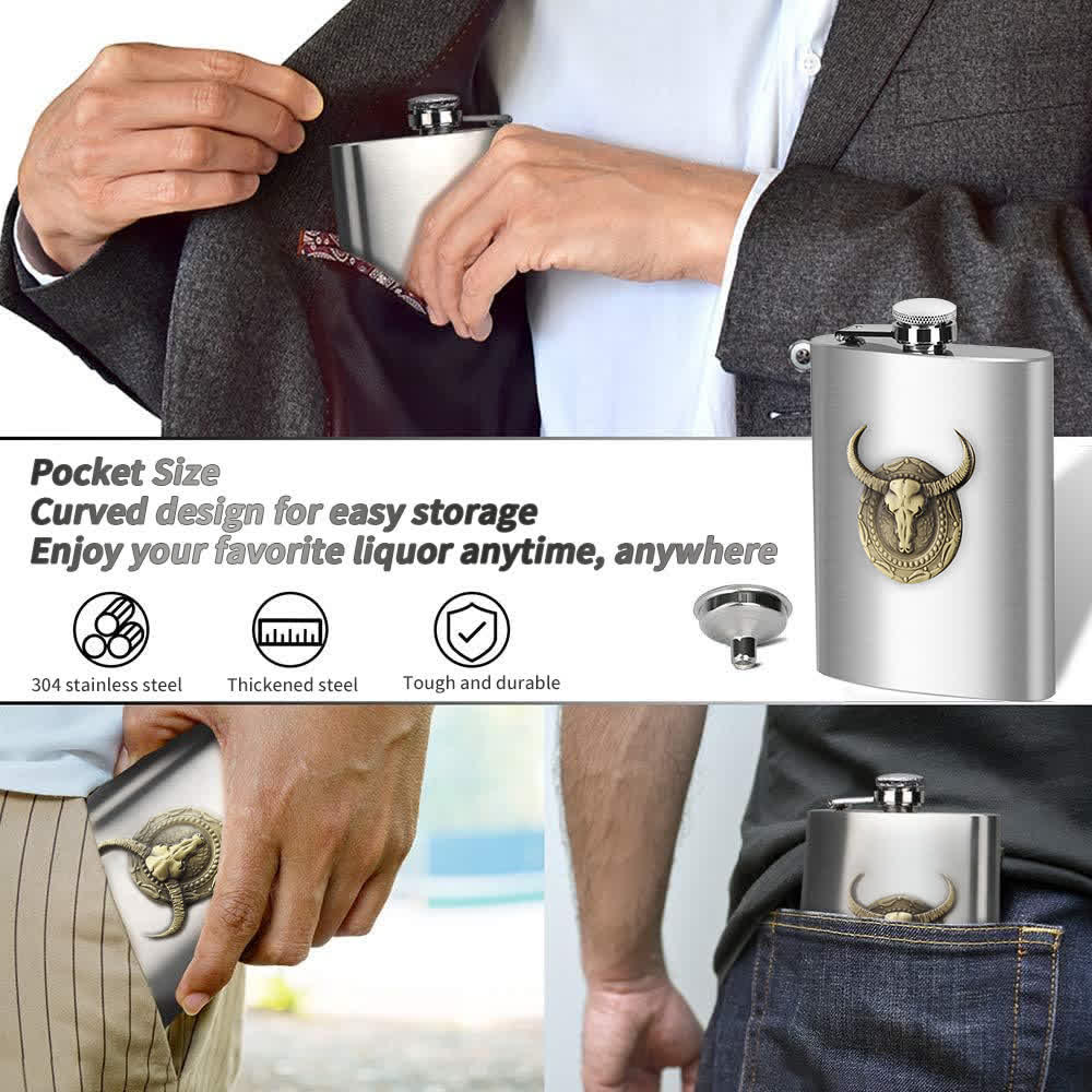 Semplice ed elegante fiaschetta portatile con testa di toro e piccolo imbuto