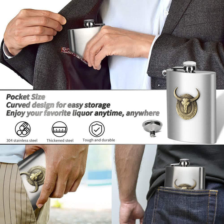 Semplice ed elegante fiaschetta portatile con testa di toro e piccolo imbuto