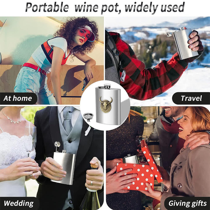 Semplice ed elegante fiaschetta portatile con testa di toro e piccolo imbuto