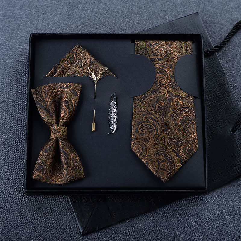 5 pezzi papillon Paisley marrone scuro e nero da uomo in scatola regalo - Da annodare - image 2