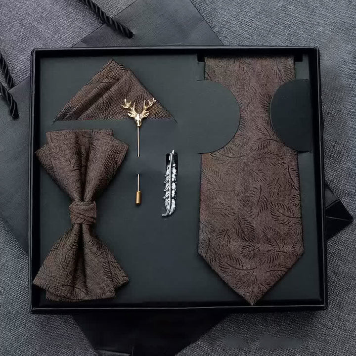 5 pezzi papillon con stampa foglie marrone scuro casual da uomo, confezione regalo - Pre-legato - Marrone scuro - image 0