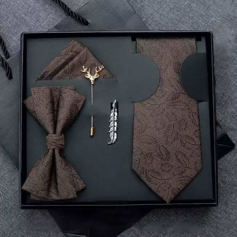 5 pezzi papillon con stampa foglie marrone scuro casual da uomo, confezione regalo - Pre-legato - Marrone scuro - image 0