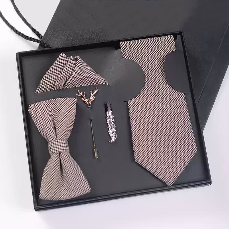 5 pezzi papillon da uomo neri e marroni con motivo pied de poule in scatola regalo - Nero e marrone - image 0