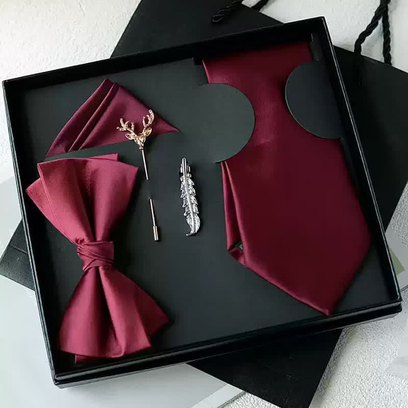 5 pezzi papillon da uomo tinta unita nero bordeaux scatola regalo - Borgogna - image 1