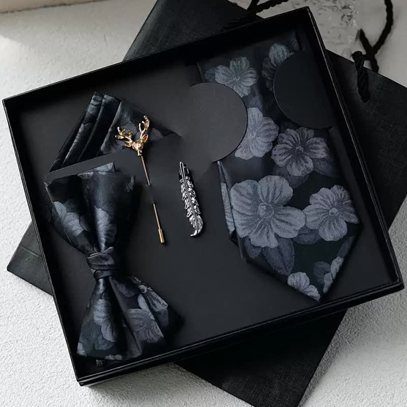 5 pezzi papillon da sposa classici floreali vintage da uomo, confezione regalo - Nero - image 0
