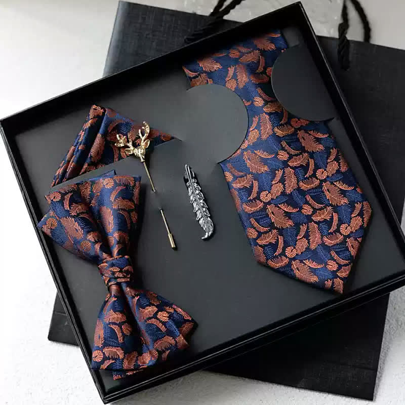 5 pezzi da uomo bianco/arancione piuma stampa blu navy papillon scatola regalo - Arancione e blu navy - image 0