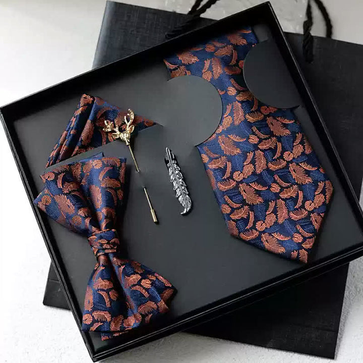 5 pezzi da uomo bianco/arancione piuma stampa blu navy papillon scatola regalo - Arancione e blu navy - image 0