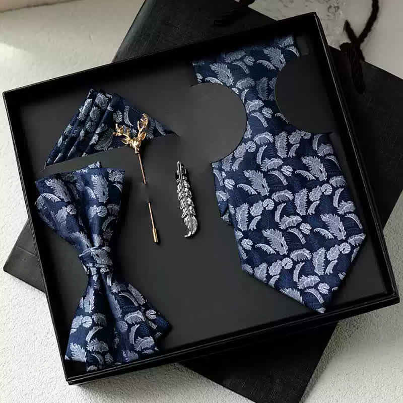 5 pezzi da uomo bianco/arancione piuma stampa blu navy papillon scatola regalo - Bianco e blu navy - image 1