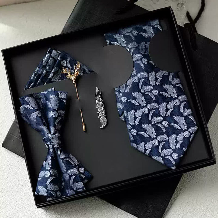 5 pezzi da uomo bianco/arancione piuma stampa blu navy papillon scatola regalo - Bianco e blu navy - image 1