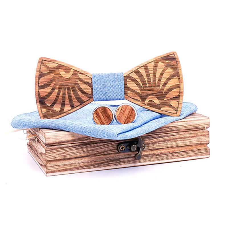 Set di 3 papillon in legno massello intagliato a forma di dente di leone da uomo - Blu - image 0