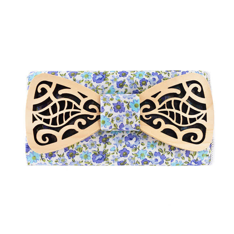 Set di 2 papillon in legno con foglie intagliate e traforate da uomo - Blu e bianco - image 1