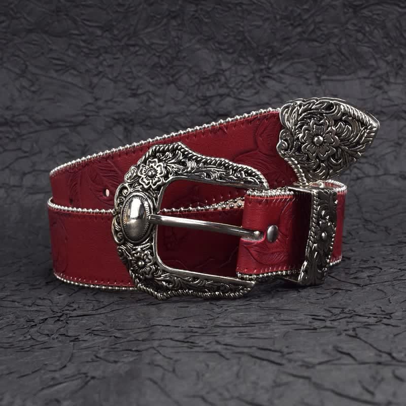 Cintura da donna in pelle con perline e catena rosso scuro in stile vintage - Rosso scuro - 32 - image 0