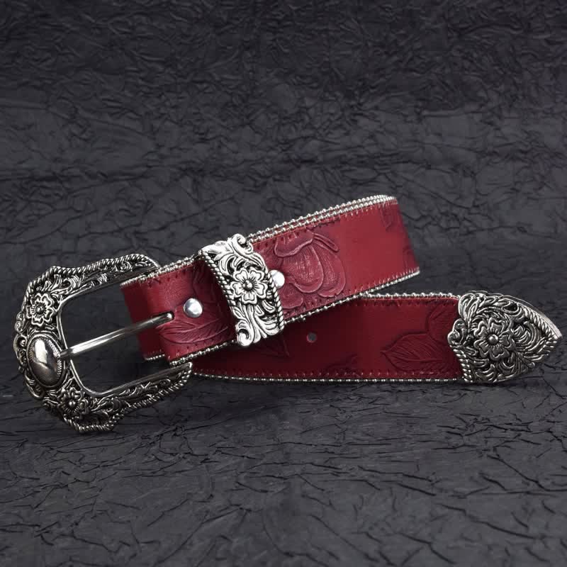 Cintura da donna in pelle con perline e catena rosso scuro in stile vintage - image 1