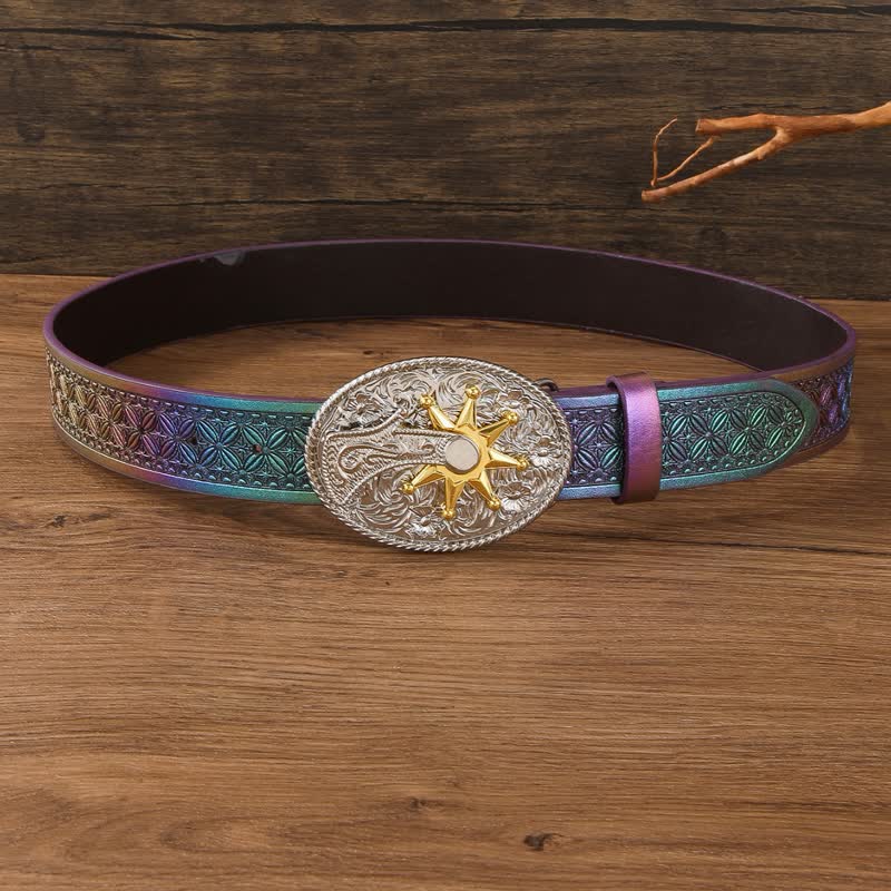 Fantastica cintura in pelle con fibbia western con cinturino iridescente sfumato