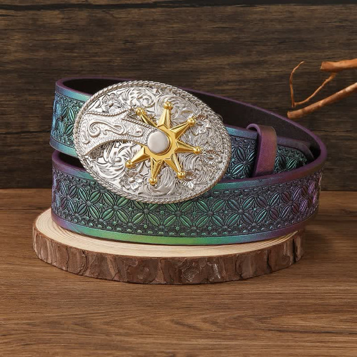 Fantastica cintura in pelle con fibbia western con cinturino iridescente sfumato