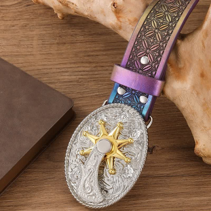 Fantastica cintura in pelle con fibbia western con cinturino iridescente sfumato