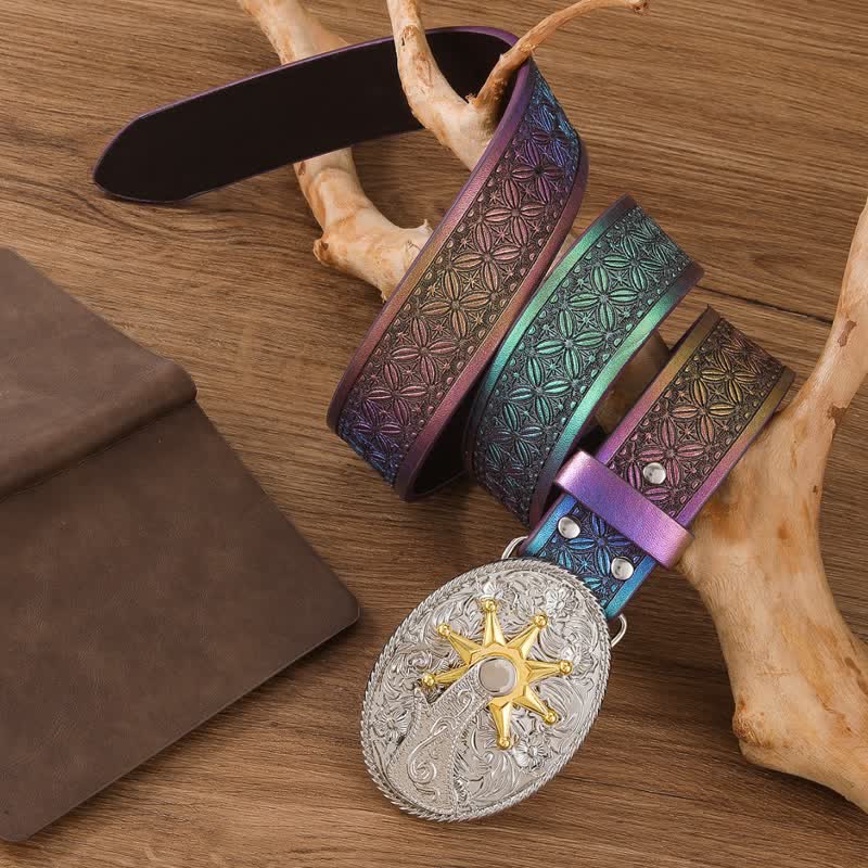 Fantastica cintura in pelle con fibbia western con cinturino iridescente sfumato