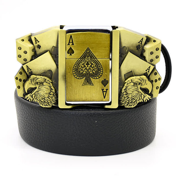 Cintura da uomo Eagle Poker Ace in pelle dorata con accendino nascosto