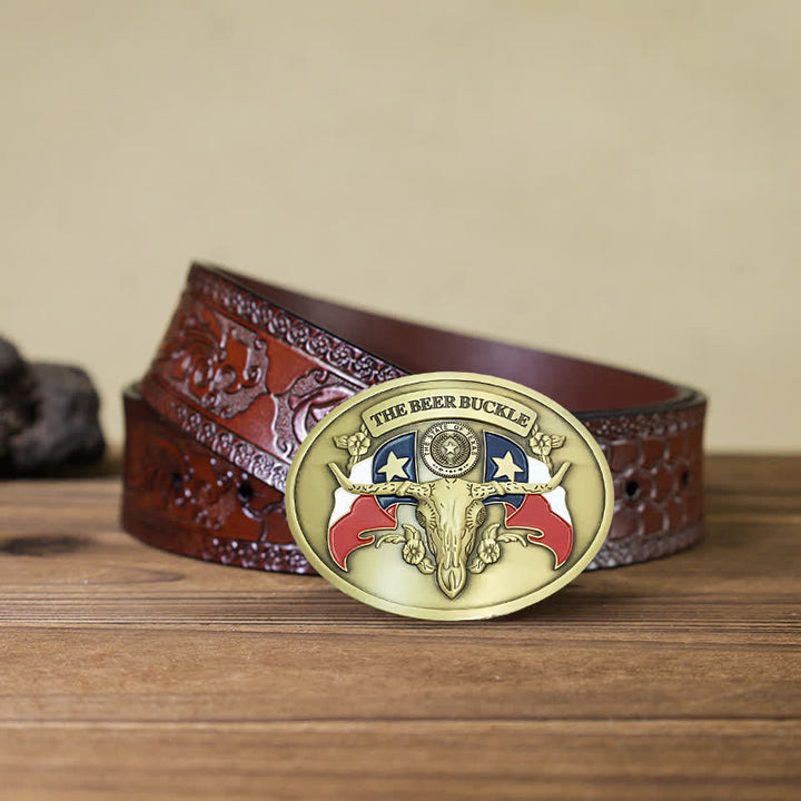 Cintura in pelle con fibbia porta birra creativa fai da te da uomo a forma di toro del selvaggio West - Bronzo antico - Cintura marrone intagliata - 42 - image 18