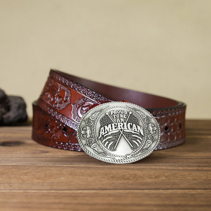 Cintura in pelle con fibbia porta birra creativa fai da te con doppia bandiera americana da uomo - Argento antico - Cintura marrone intagliata - 42 - image 12