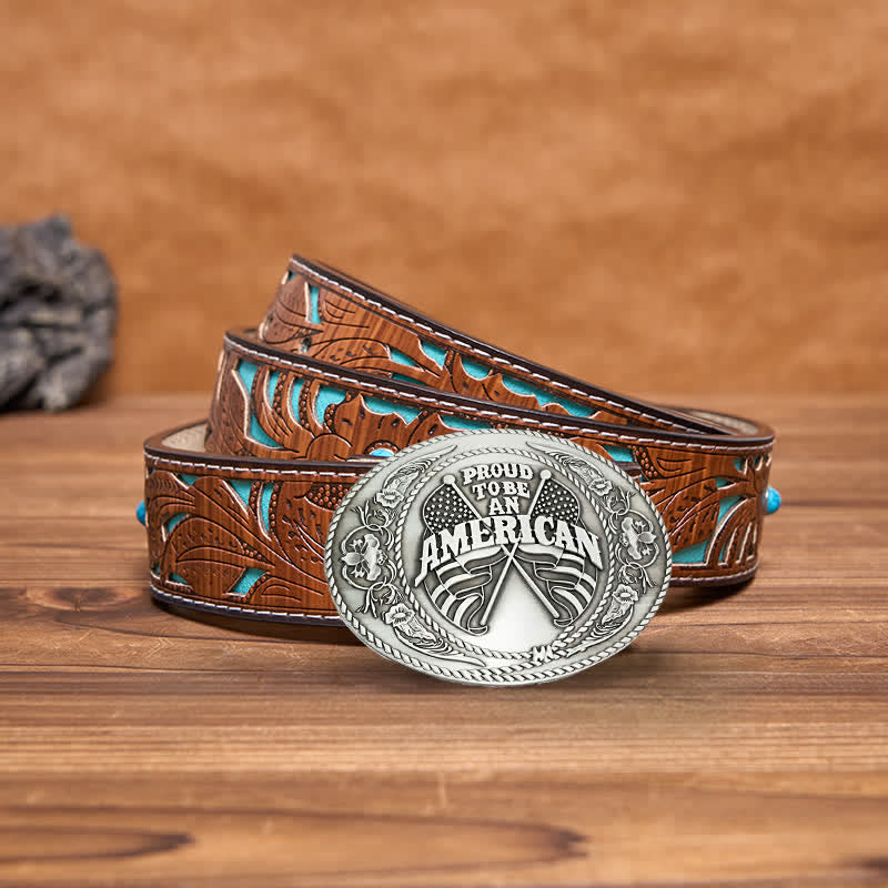 Cintura in pelle con fibbia porta birra creativa fai da te con doppia bandiera americana da uomo - Argento antico - Cintura intagliata turchese - 42 - image 9