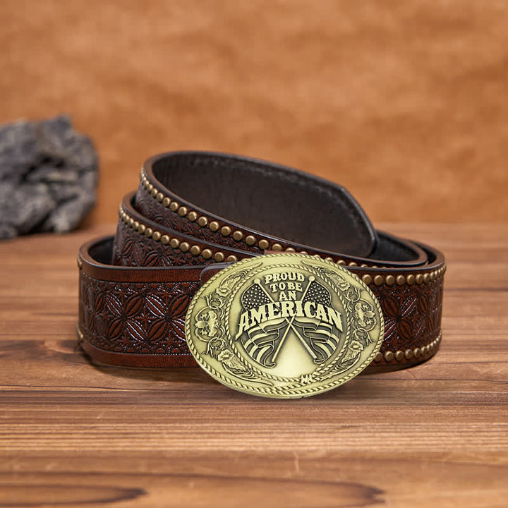 Cintura in pelle con fibbia porta birra creativa fai da te con doppia bandiera americana da uomo - Bronzo antico - Cintura con rivetti marroni - 42 - image 16