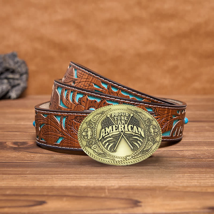 Cintura in pelle con fibbia porta birra creativa fai da te con doppia bandiera americana da uomo - Bronzo antico - Cintura intagliata turchese - 42 - image 15
