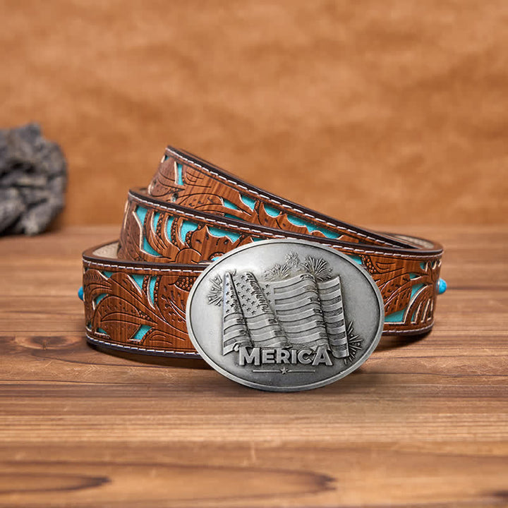 Cintura in pelle con fibbia porta birra creativa fai da te da uomo con bandiera Merica Pride - Argento antico - Cintura intagliata turchese - 42 - image 9