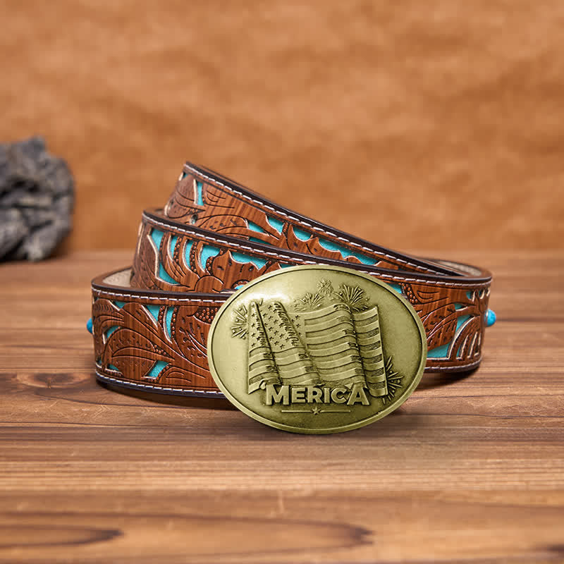 Cintura in pelle con fibbia porta birra creativa fai da te da uomo con bandiera Merica Pride - Bronzo antico - Cintura intagliata turchese - 42 - image 15