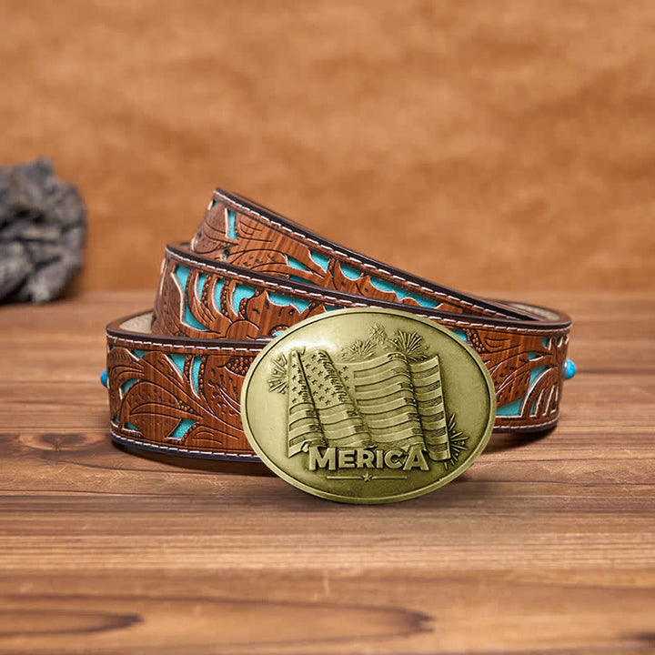 Cintura in pelle con fibbia porta birra creativa fai da te da uomo con bandiera Merica Pride - Bronzo antico - Cintura intagliata turchese - 42 - image 15