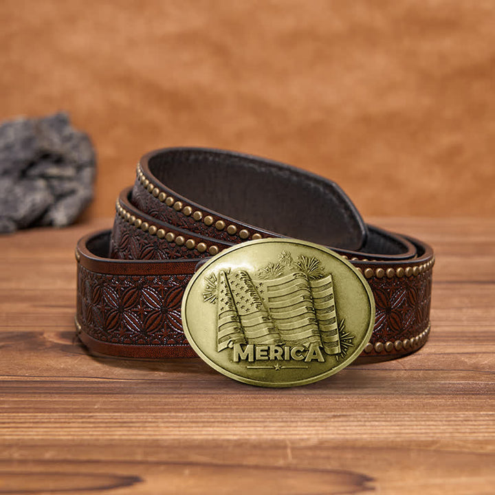 Cintura in pelle con fibbia porta birra creativa fai da te da uomo con bandiera Merica Pride - Bronzo antico - Cintura con rivetti marroni - 42 - image 16