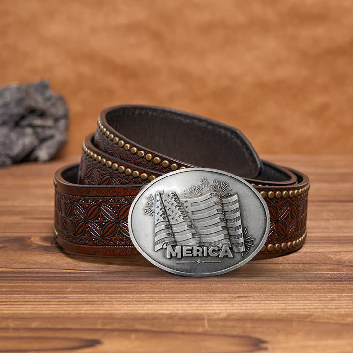 Cintura in pelle con fibbia porta birra creativa fai da te da uomo con bandiera Merica Pride - Argento antico - Cintura con rivetti marroni - 42 - image 10