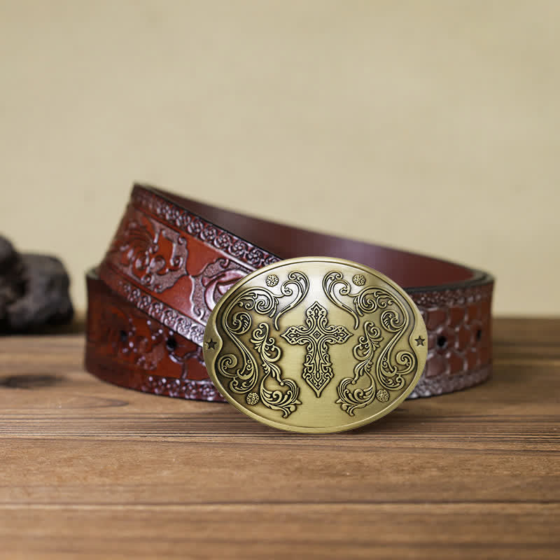 Cintura in pelle con fibbia porta birra creativa con incisione a croce fai da te da uomo - Bronzo antico - Cintura marrone intagliata - 42 - image 18